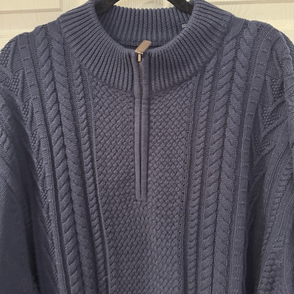 Chaps Sweater Mens 3XB Blue Golf Quarter Zip Cable Knit Fisherman 100% Cotton - Picture 2 of 12